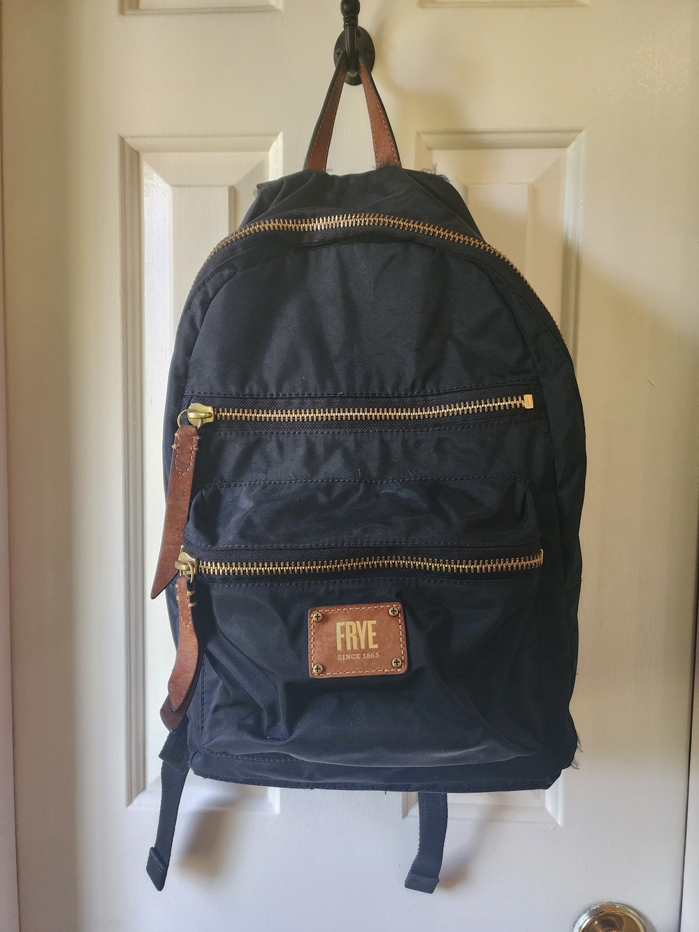 FRYE Men's Black Nylon Backpack with Brown Leather Trim